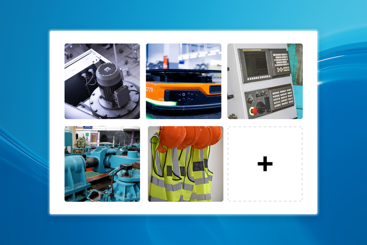 Library management panel with thumbnail grid and AI chat showing embedded product photos using lib:// syntax